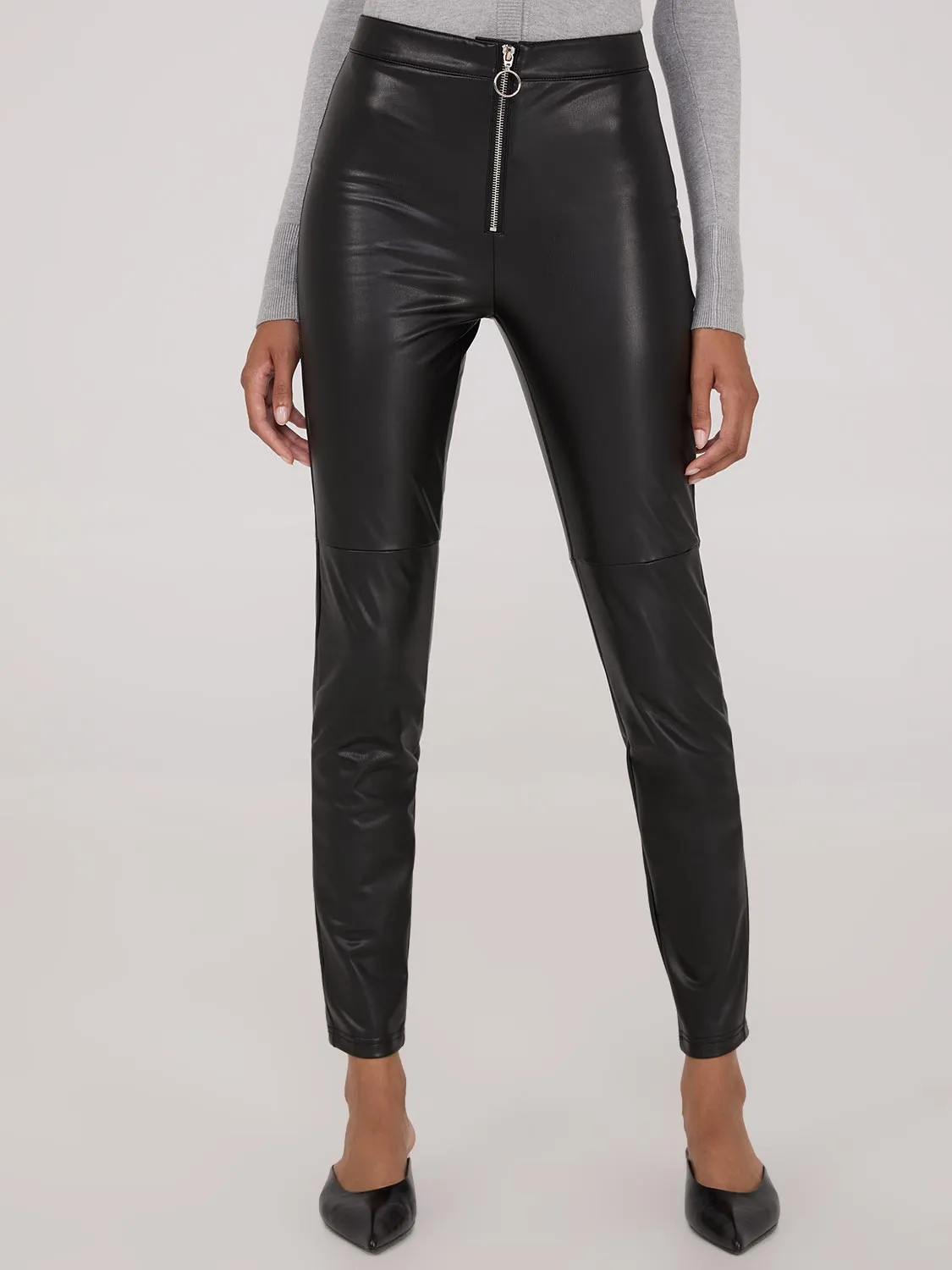 Exposed Zipper Faux Leather Ankle Length Pants