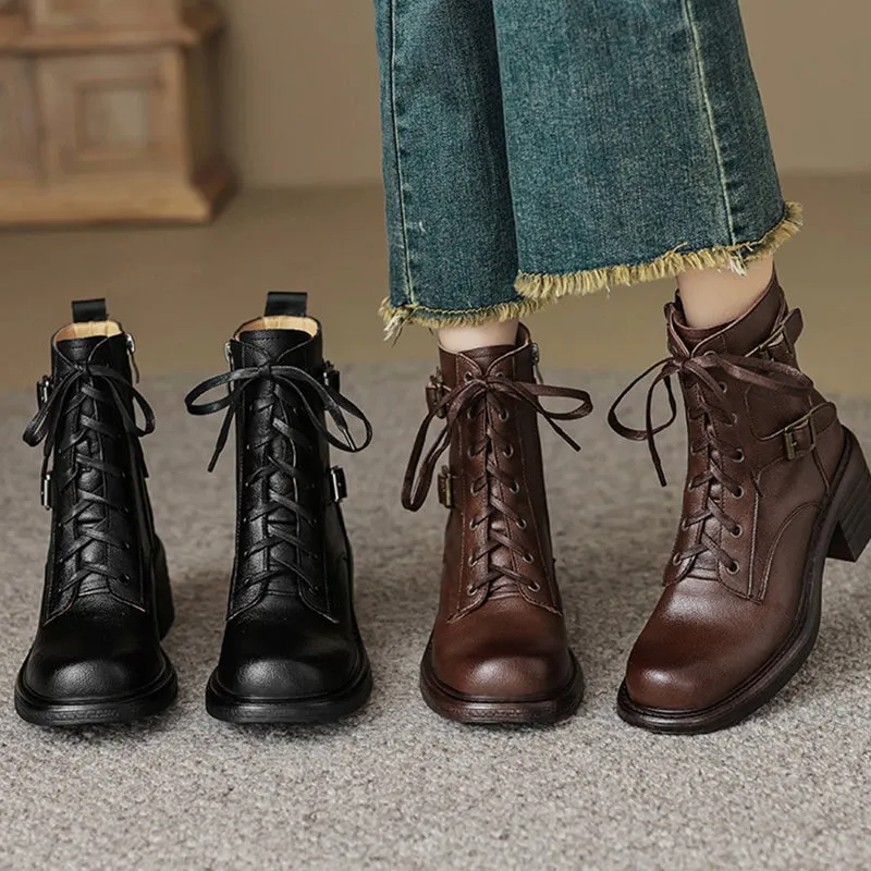 Full Grain Leather Combat Boots Lace Up Block Heel Martin Boots with Double Buckles in Black/Brown