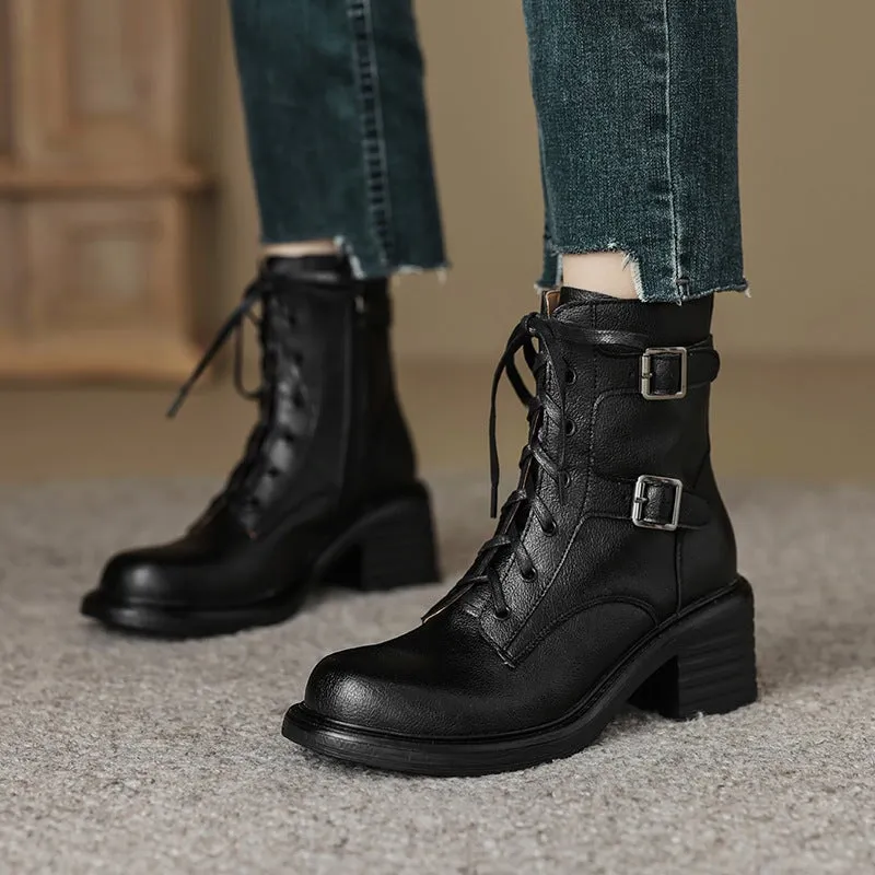 Full Grain Leather Combat Boots Lace Up Block Heel Martin Boots with Double Buckles in Black/Brown