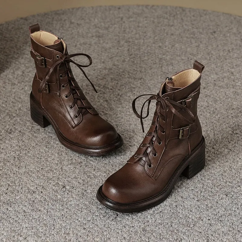 Full Grain Leather Combat Boots Lace Up Block Heel Martin Boots with Double Buckles in Black/Brown