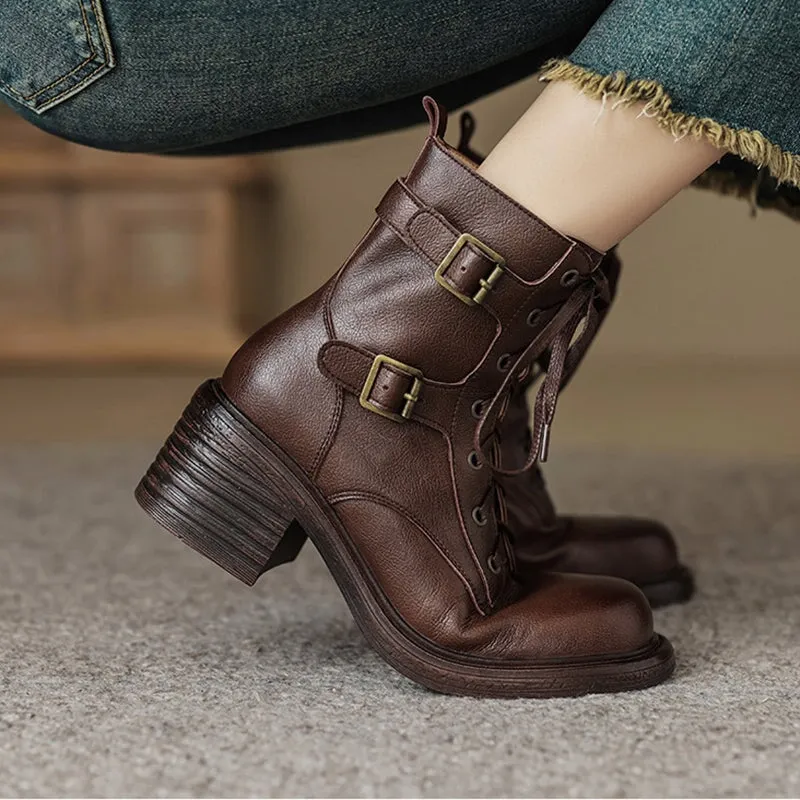 Full Grain Leather Combat Boots Lace Up Block Heel Martin Boots with Double Buckles in Black/Brown