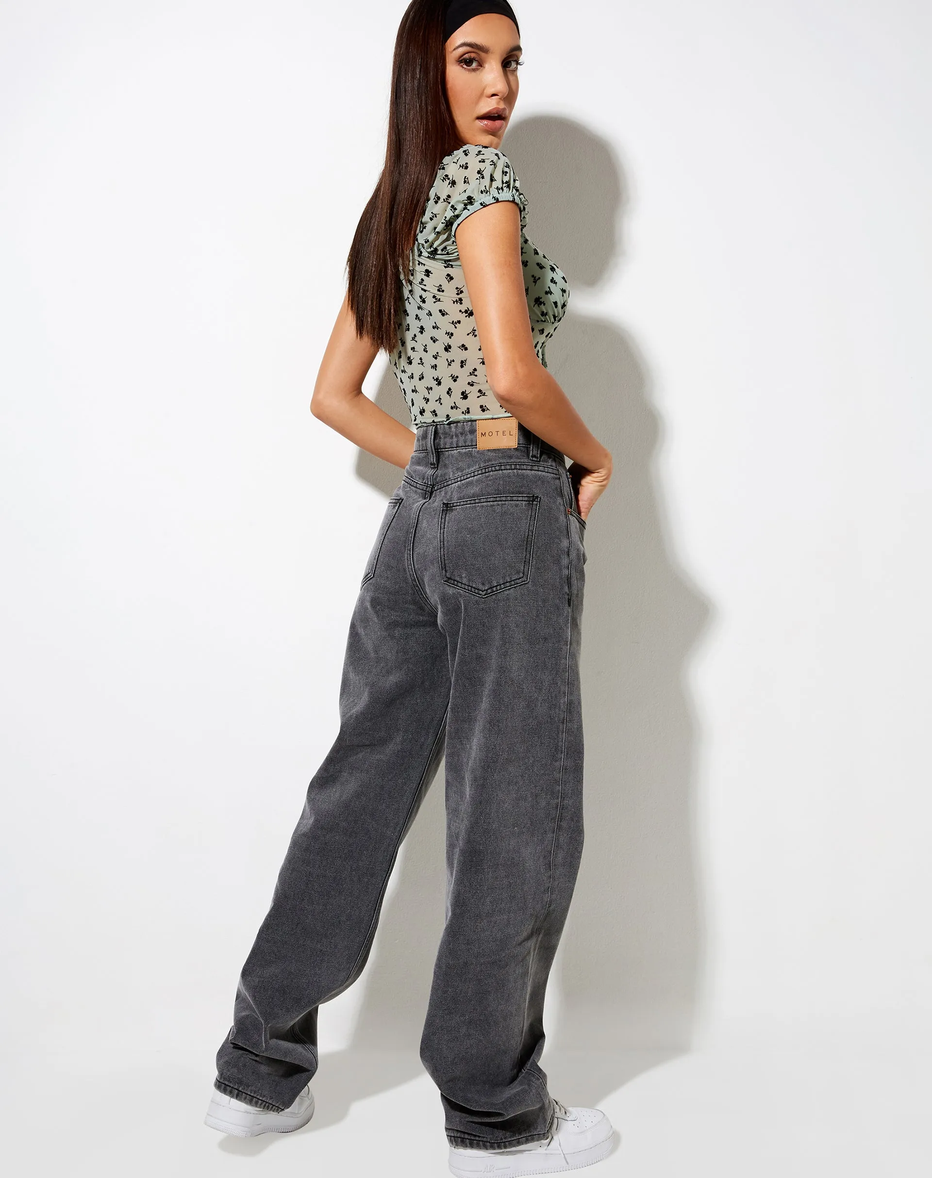 Ganika Crop Top in Sage Flower Buds Black Flock