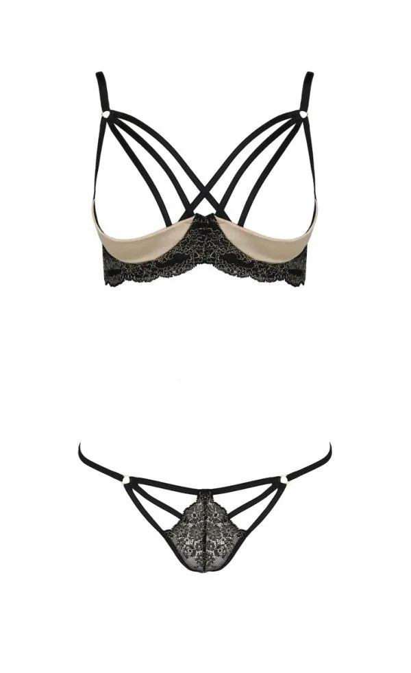 Gold Satin & Black Quarter Cup Lace Lingerie Set