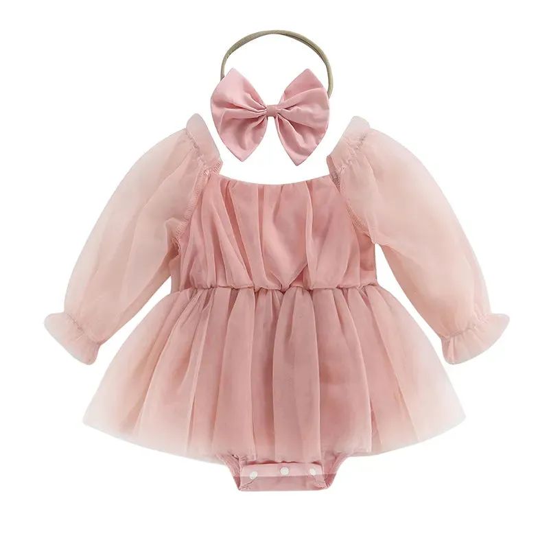 Handmade 0-24M Newborn Baby Girl Romper Princess Infant Toddler Long Sleeve Tulle Jumpsuit   Bow Headband Fall Spring Outfits, Reborn Romper Set