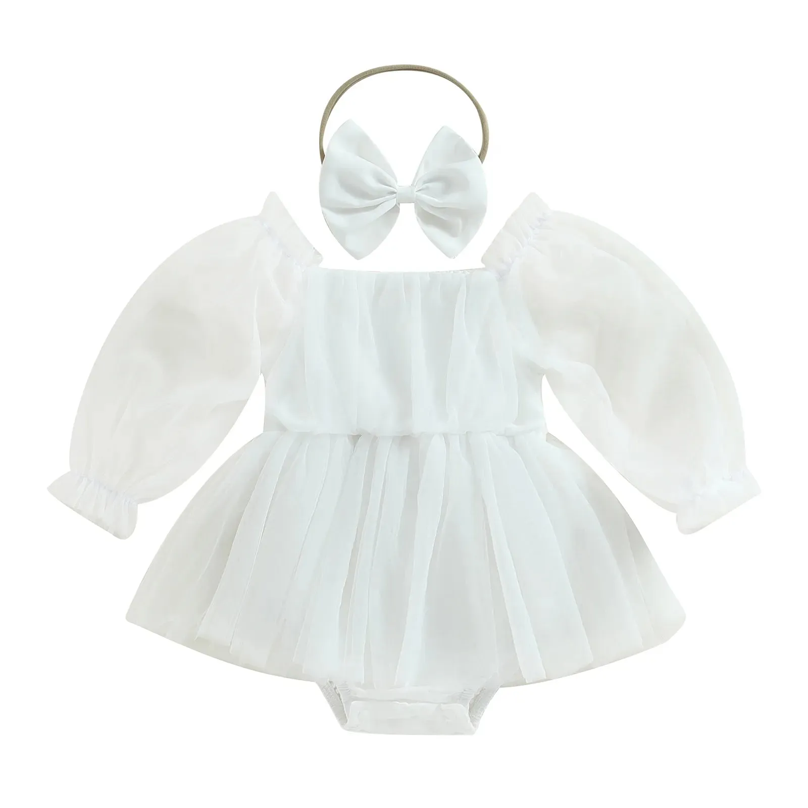 Handmade 0-24M Newborn Baby Girl Romper Princess Infant Toddler Long Sleeve Tulle Jumpsuit   Bow Headband Fall Spring Outfits, Reborn Romper Set