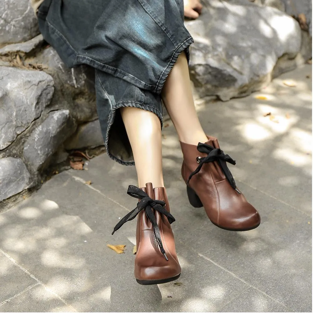 Handmade Genuine Leather Pumps Retro Round Toe Women Shoes Block Heels Slip On Office Shoes Brown/Black