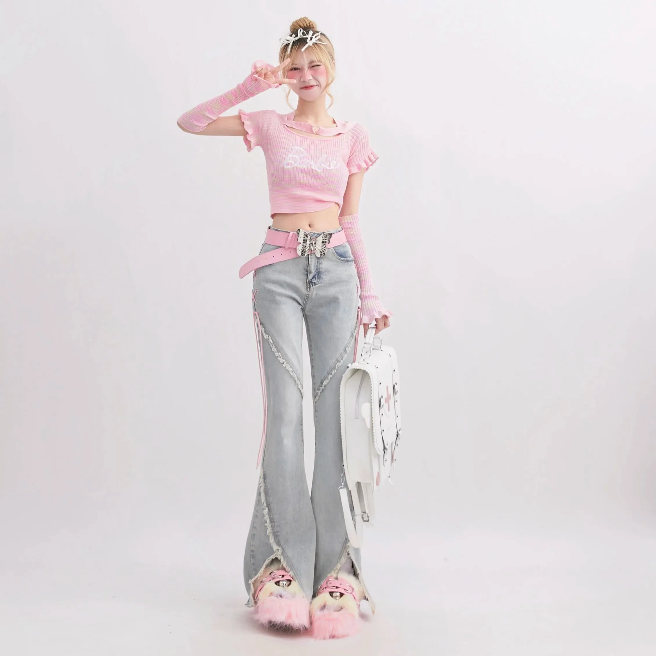 Harajuku Streetwear Retro Fashion Women High Waist Jeans Horn Fork Design Wide Leg Straight Loose Denim Trousers Y2K Baggy Pants