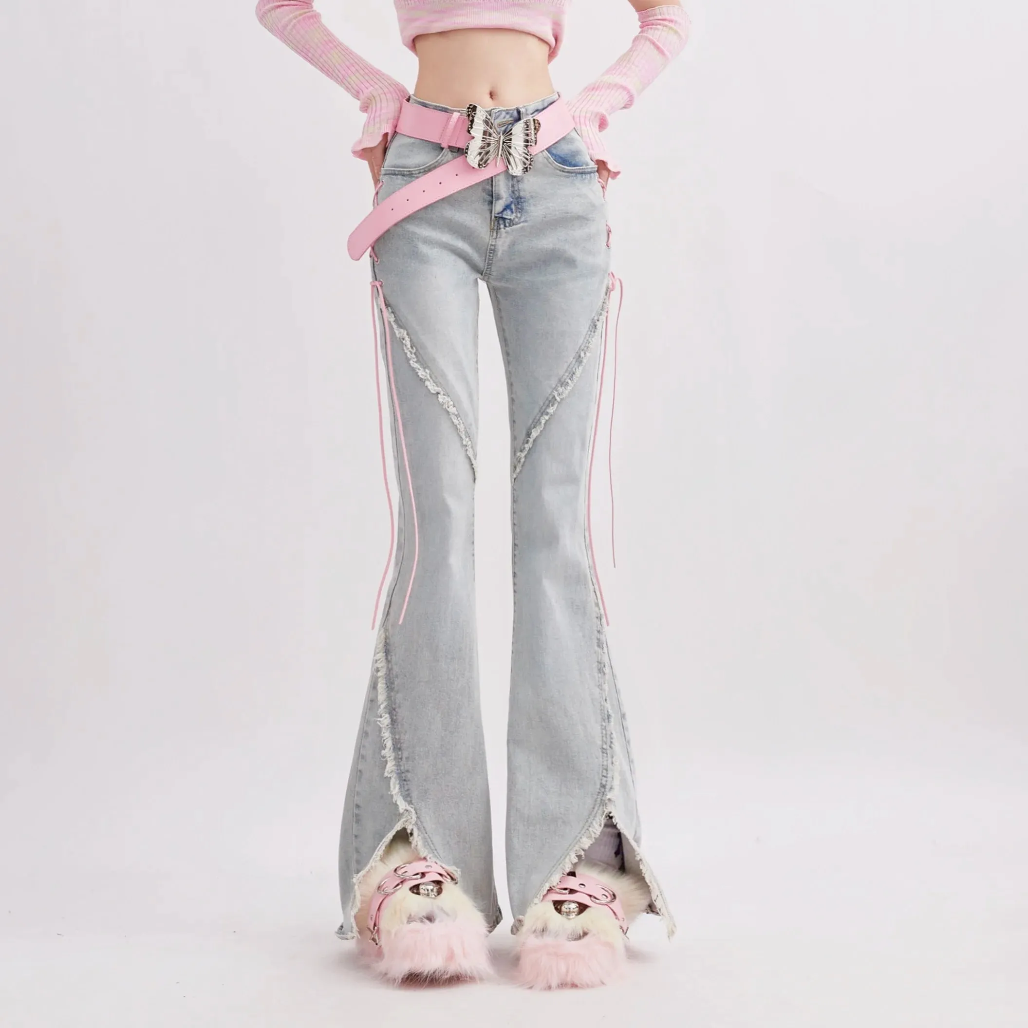 Harajuku Streetwear Retro Fashion Women High Waist Jeans Horn Fork Design Wide Leg Straight Loose Denim Trousers Y2K Baggy Pants