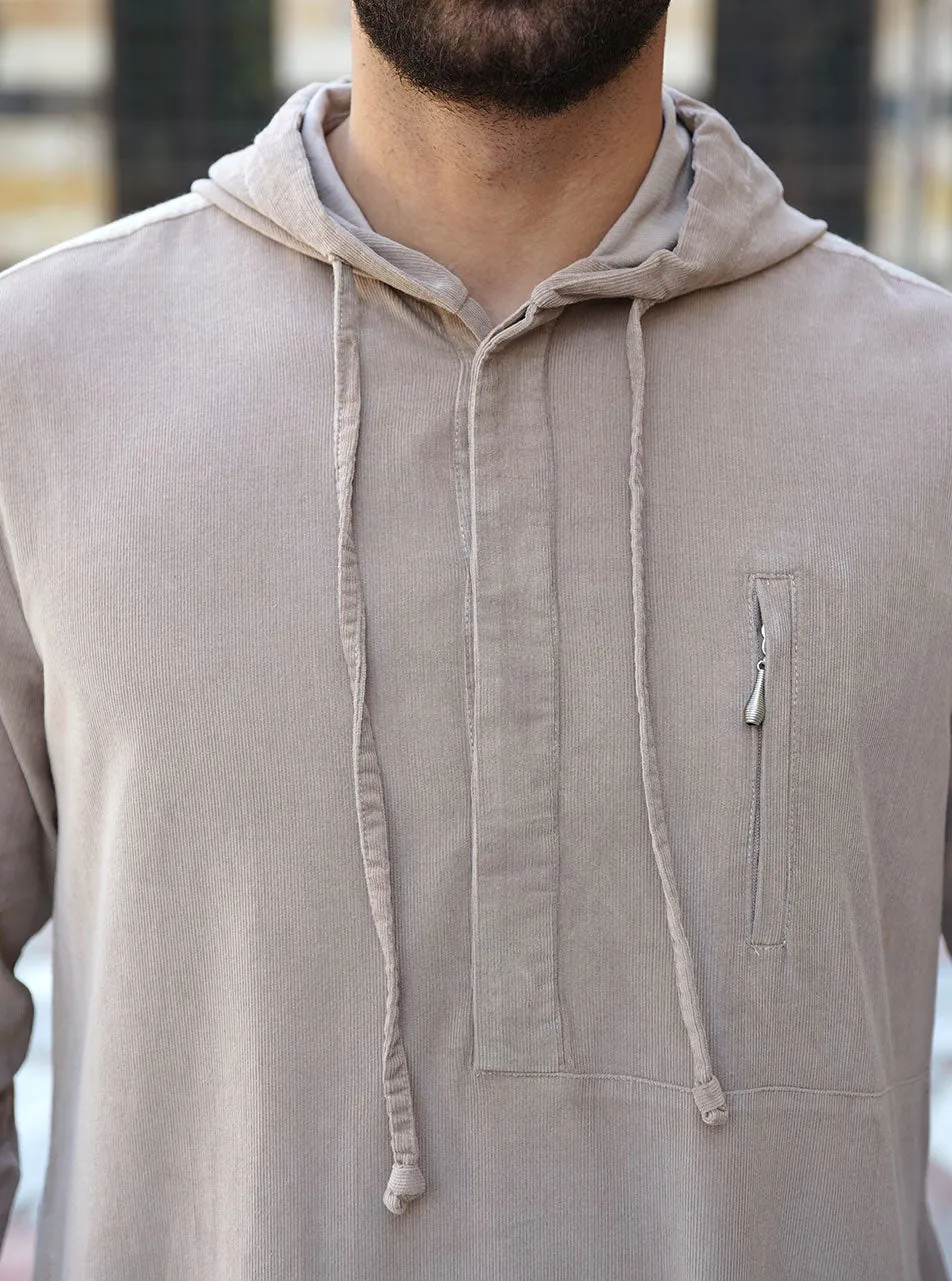 Hooded Corduroy Thobe with Zipper Pocket