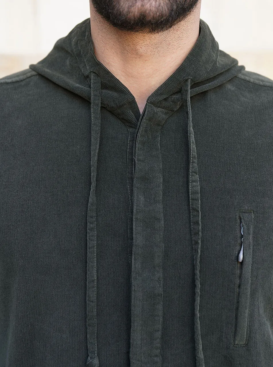 Hooded Corduroy Thobe with Zipper Pocket