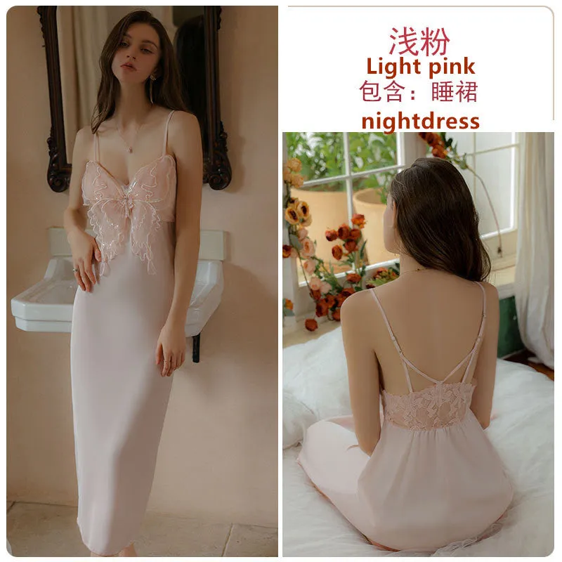 Ice Silk Butterfly Long Camisole Women's Pajamas P3963