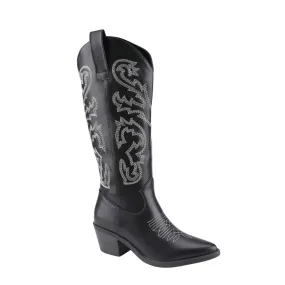 KACEY EMBROIDERED COWGIRL BOOTS - BLACK WITH WHITE STITCHING