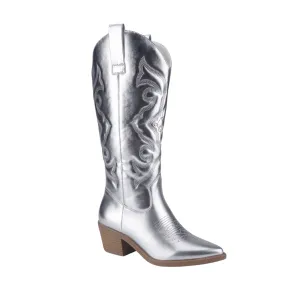 KACEY EMBROIDERED COWGIRL BOOTS - SILVER METALLIC