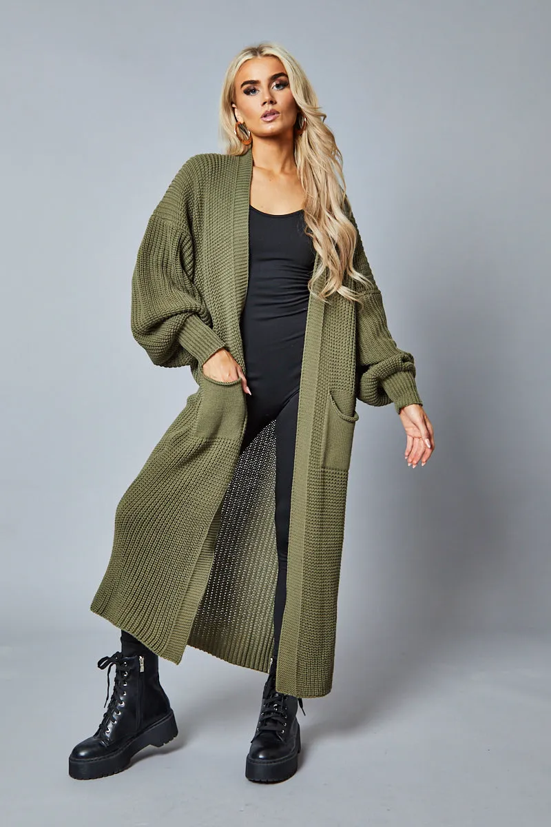 Khaki Longline Knit  Maxi Cardigan - Ema