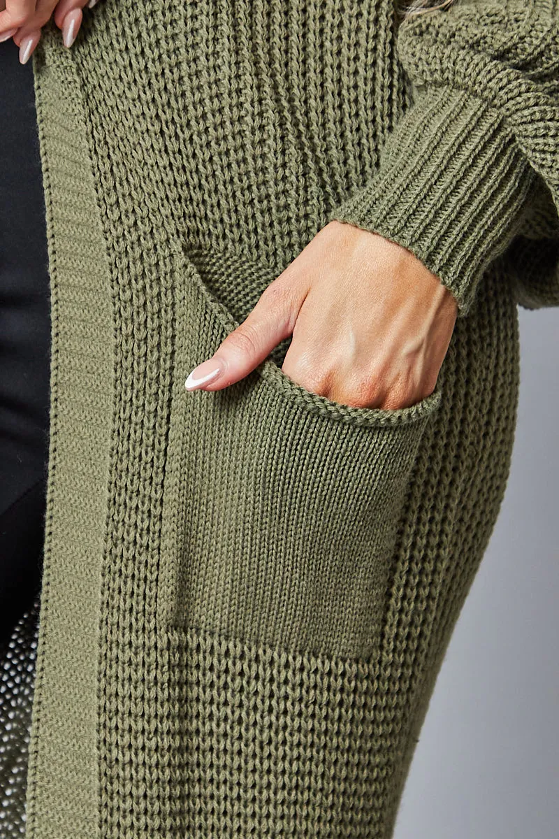 Khaki Longline Knit  Maxi Cardigan - Ema