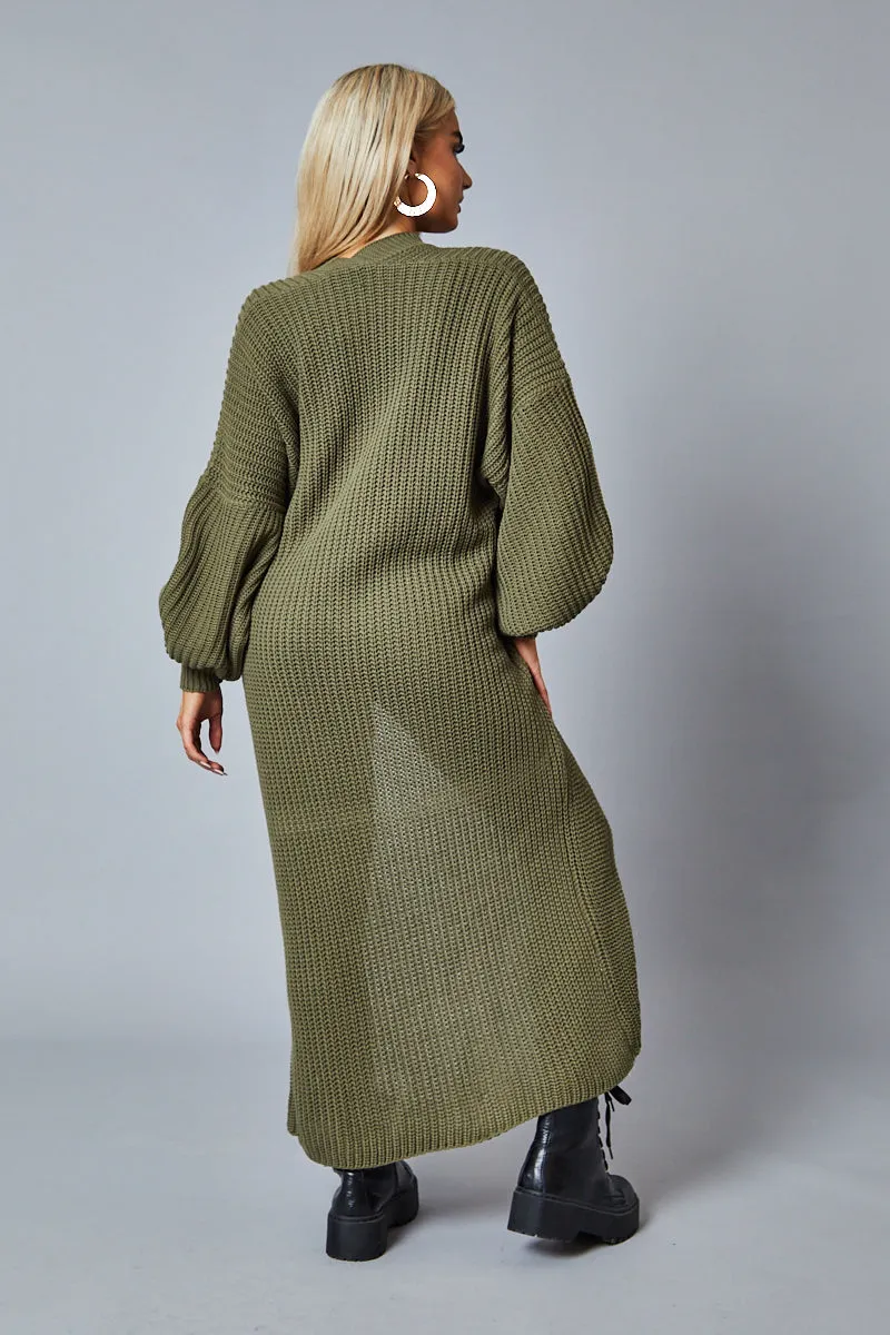 Khaki Longline Knit  Maxi Cardigan - Ema