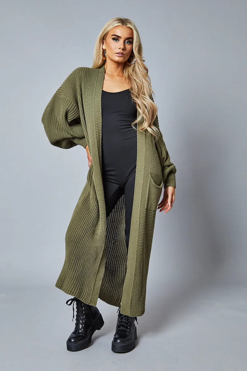 Khaki Longline Knit  Maxi Cardigan - Ema