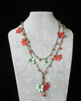 Lariat with Clover Motif -  Pomegranate & Aqua