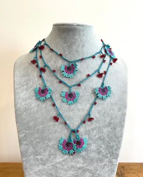 Lariat with Cornflower Motif - Turquoise and Magenta