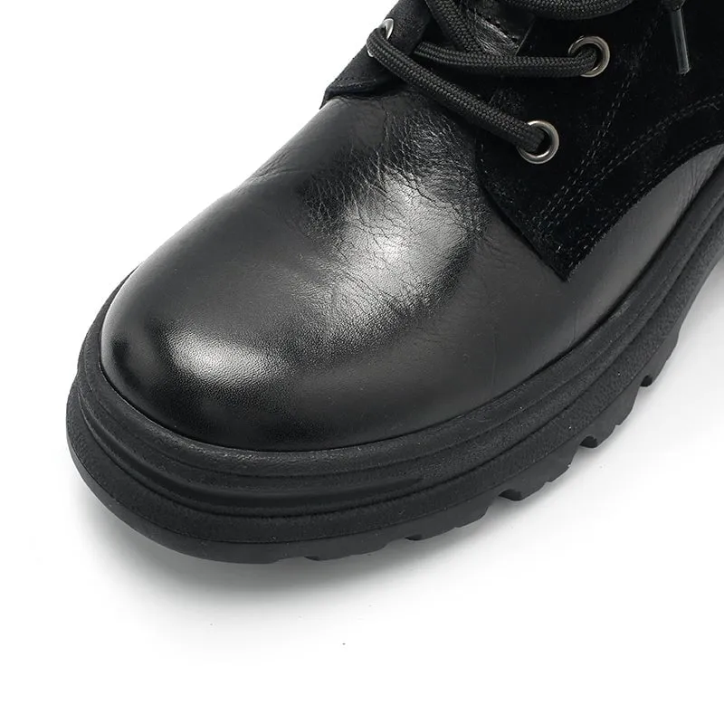 Leather Martin Boots Designer Retro Chunky Riding Boots Handmade in Black/Black Short Plush