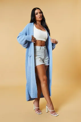 Light Blue Longline Knit  Maxi Cardigan - Ema