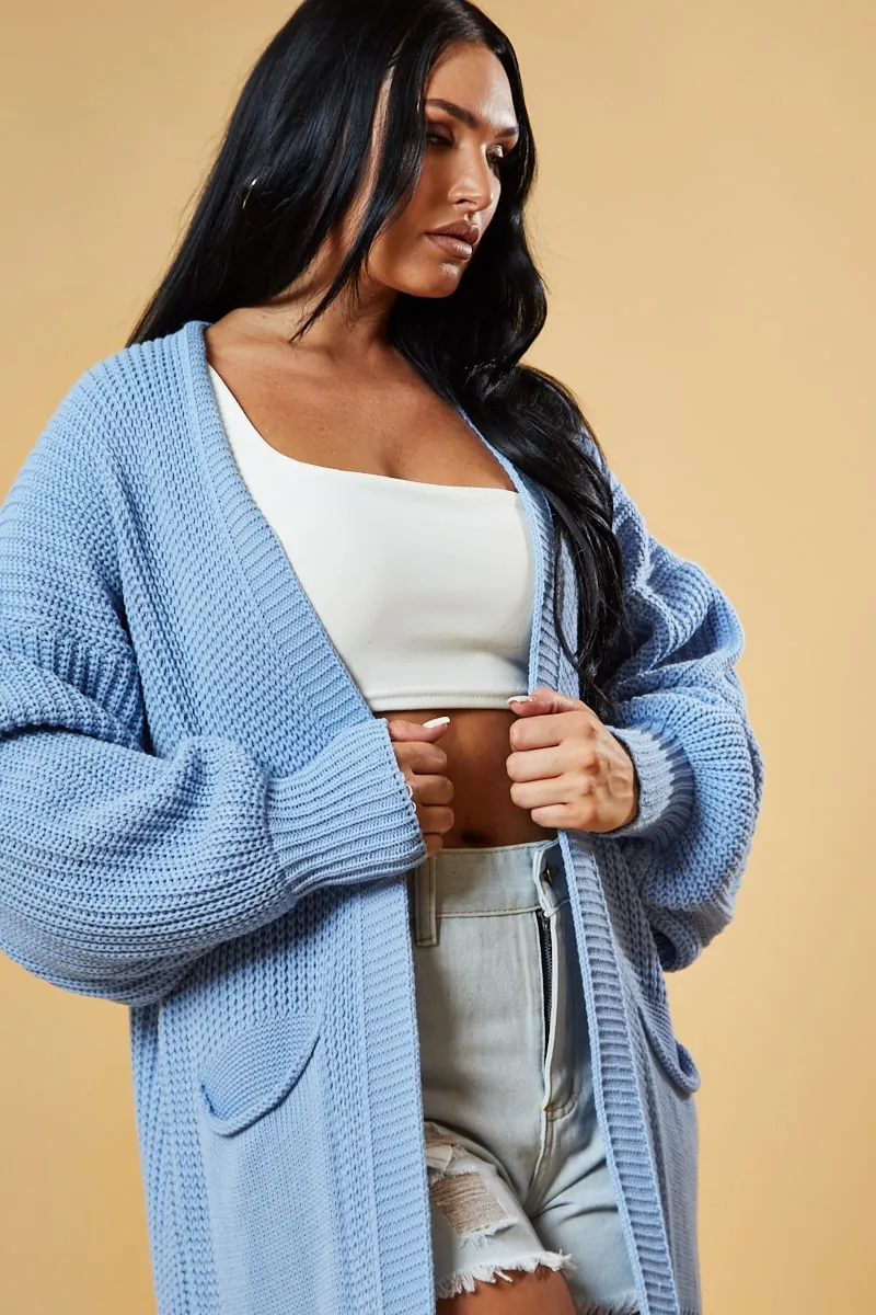 Light Blue Longline Knit  Maxi Cardigan - Ema