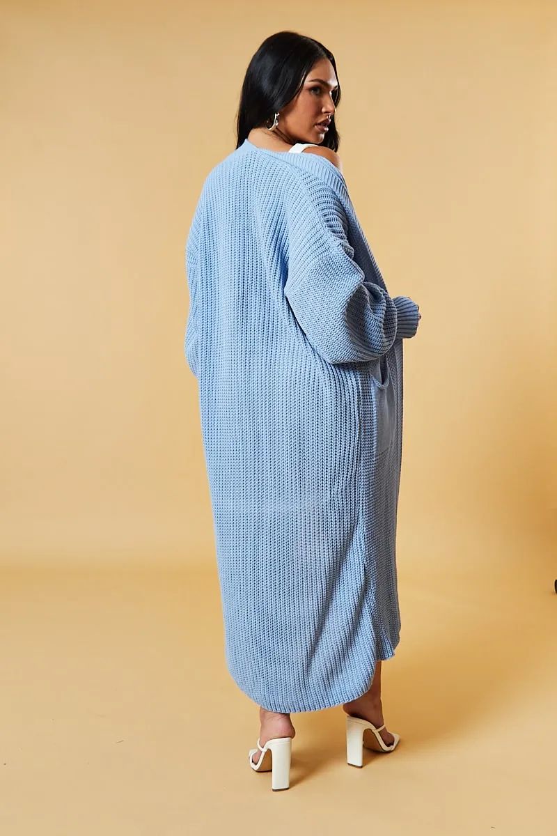 Light Blue Longline Knit  Maxi Cardigan - Ema