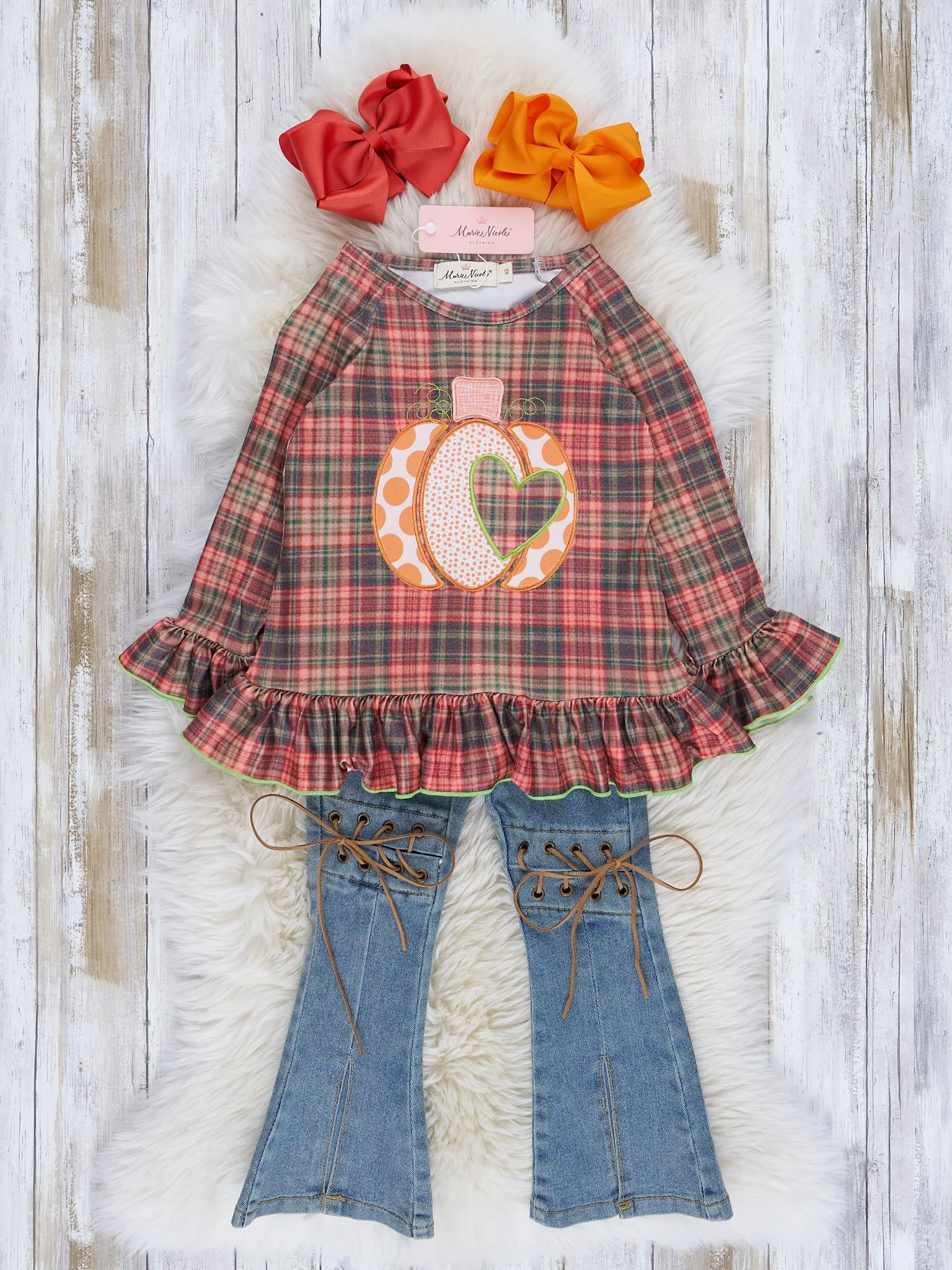 Lime & Brown Plaid Embroidered Pumpkin Outfit w/ Denim