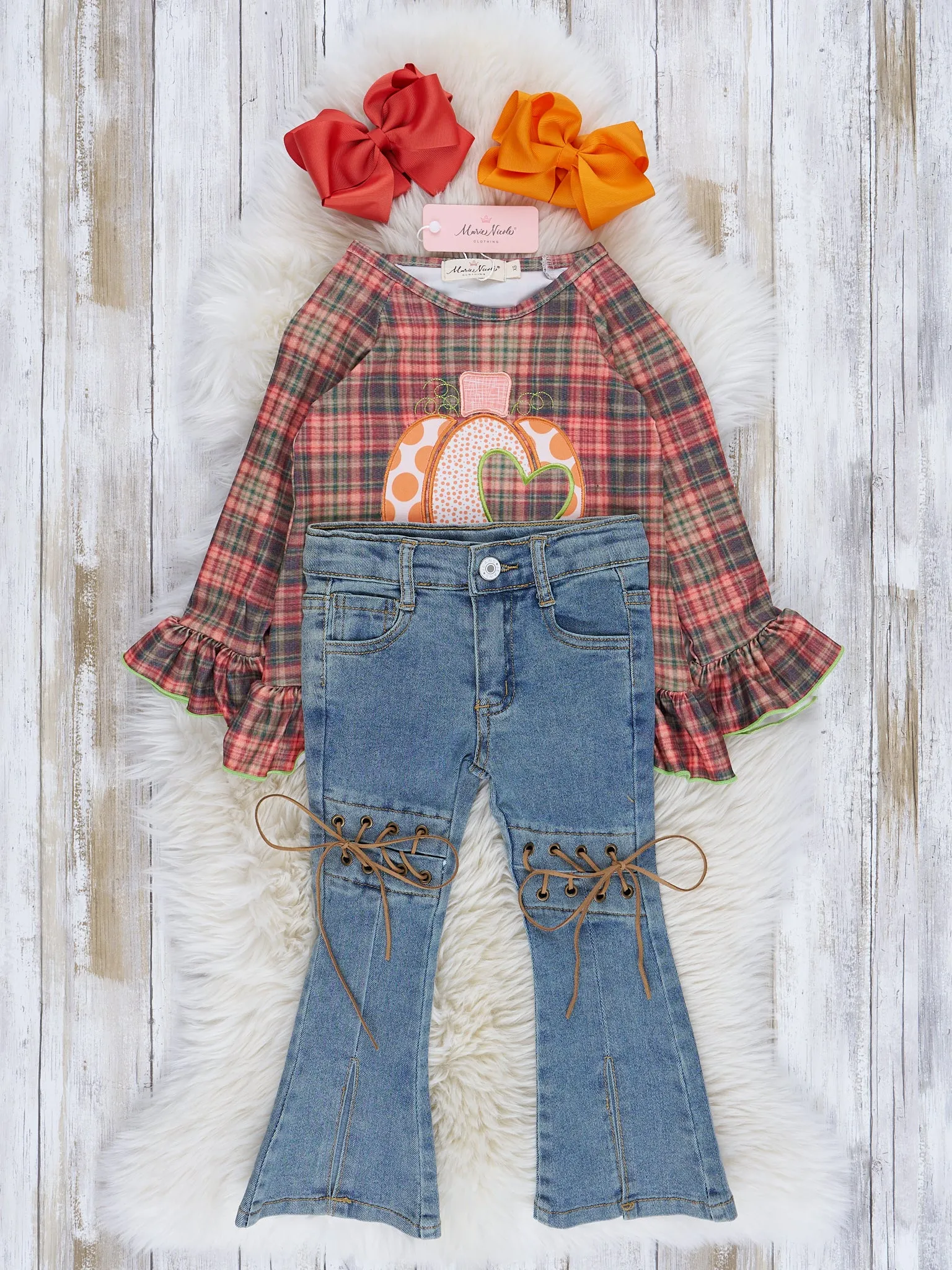 Lime & Brown Plaid Embroidered Pumpkin Outfit w/ Denim