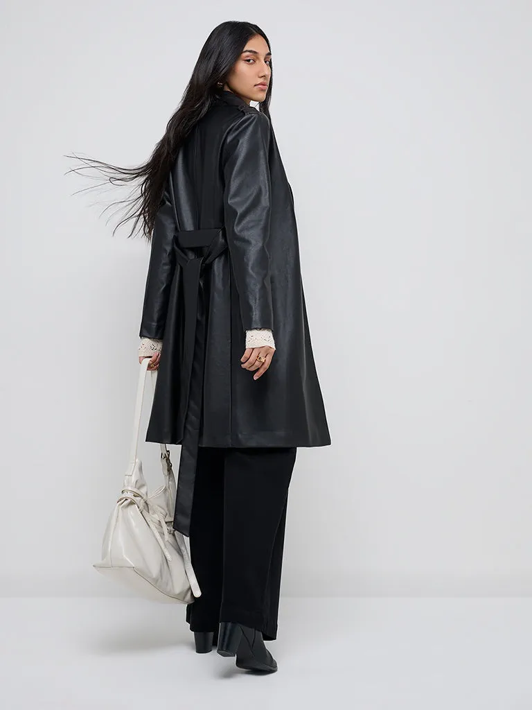 LOV Black Faux Leather Trench Coat with Belt