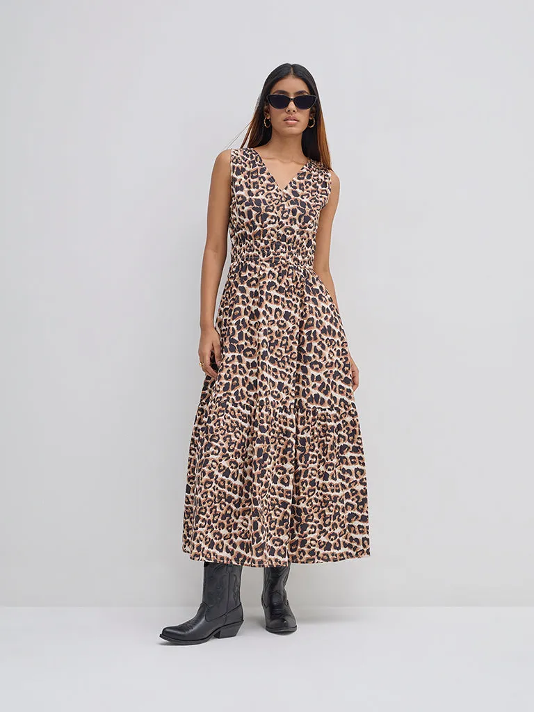 LOV Brown Leopard Printed Cotton Tiered Dress