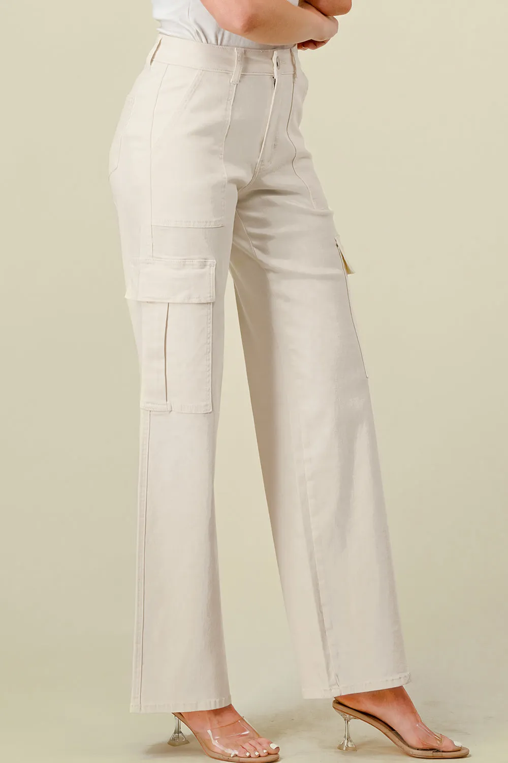 LVB-600 IVORY HIGH WAISTED SUPER-STRETCH COLORED CARGO PANTS