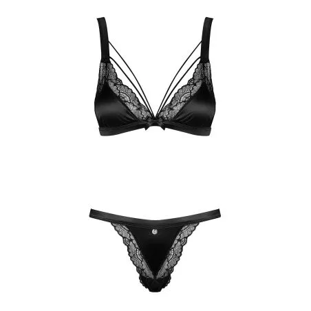 Matte Black Satin & Lace Bra & Gsrting Set