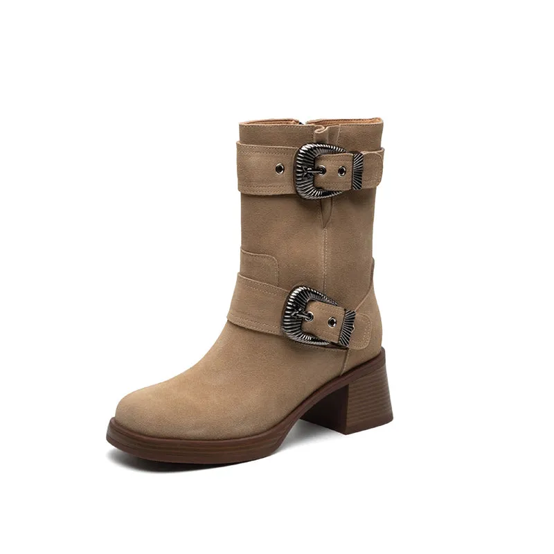 Nubuck Cow Leather Short Boots For Women Big Round Toe Western Riding Boots In Caramel/Khaki