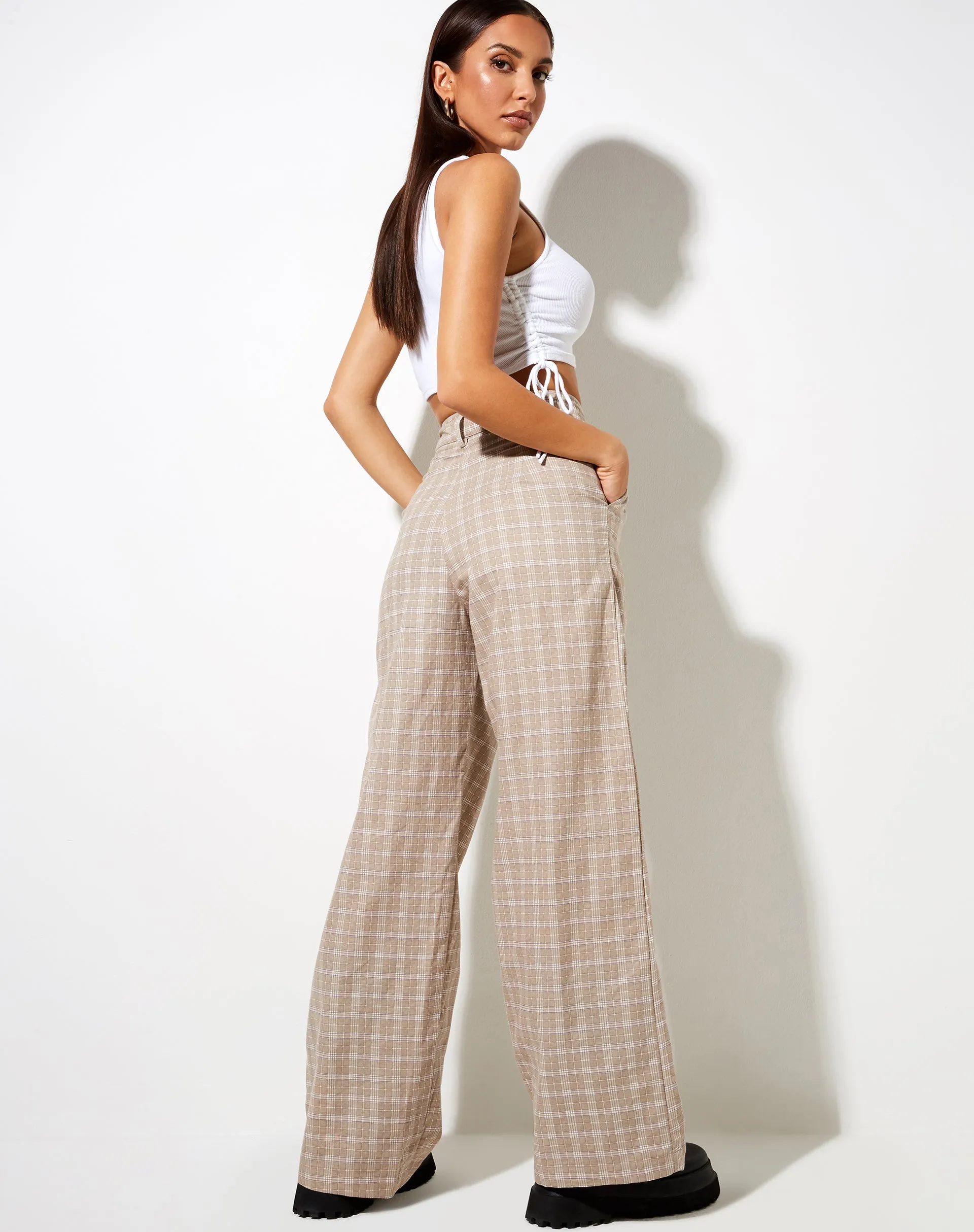 Onfal Wide Leg Trouser in Taupe Check