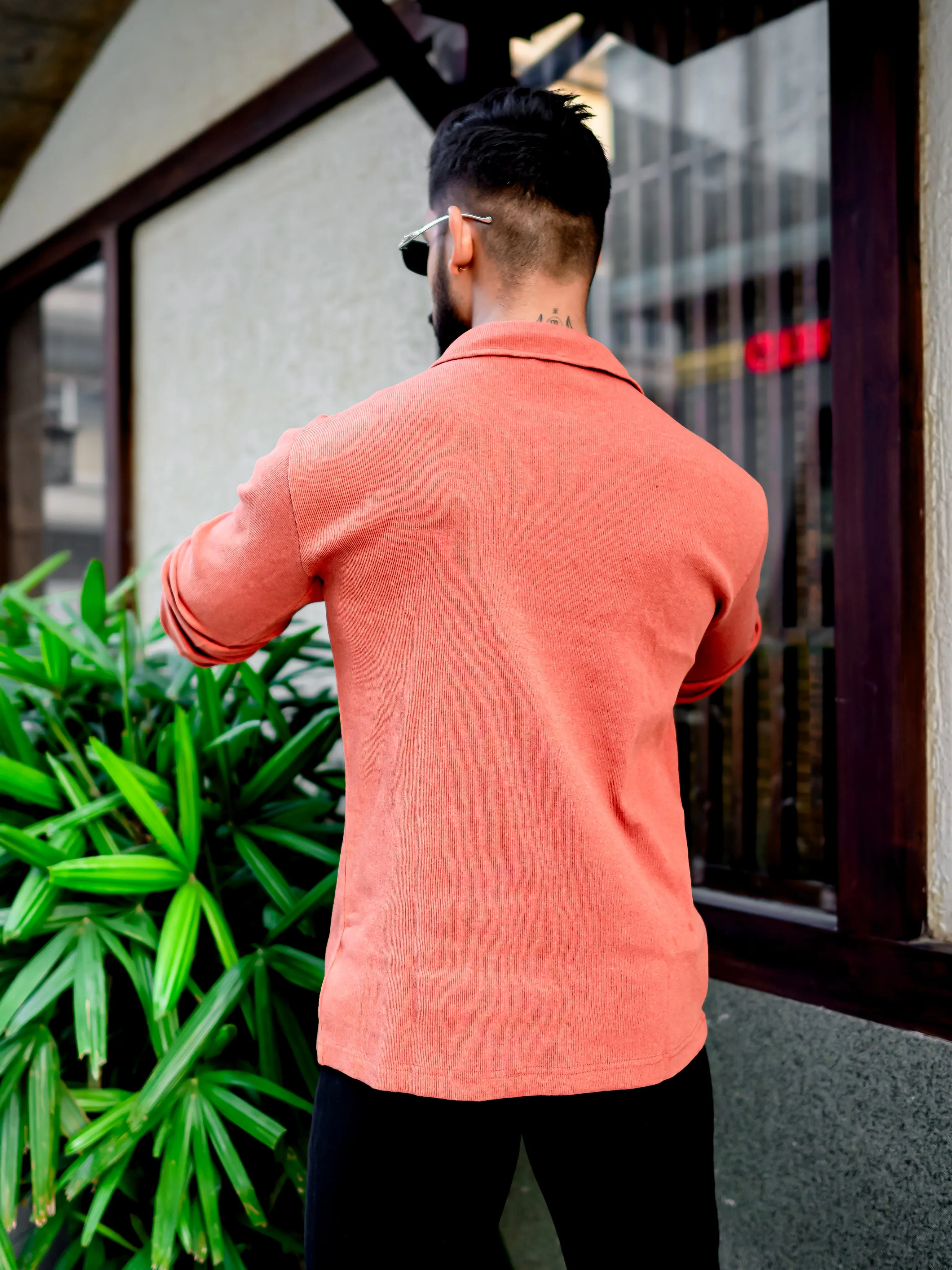 Orange Ribbed Self Design Zipper T-Shirt