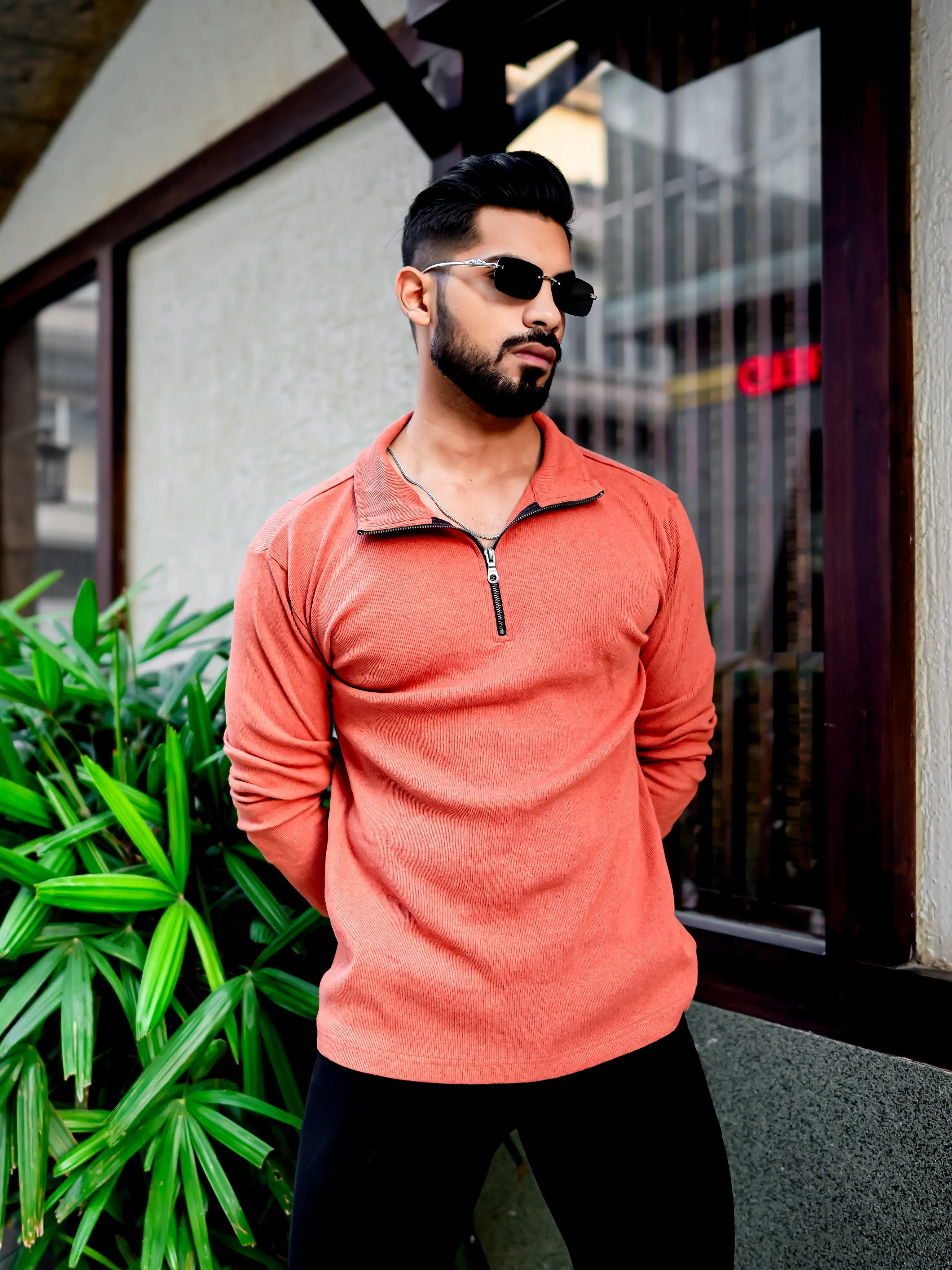 Orange Ribbed Self Design Zipper T-Shirt