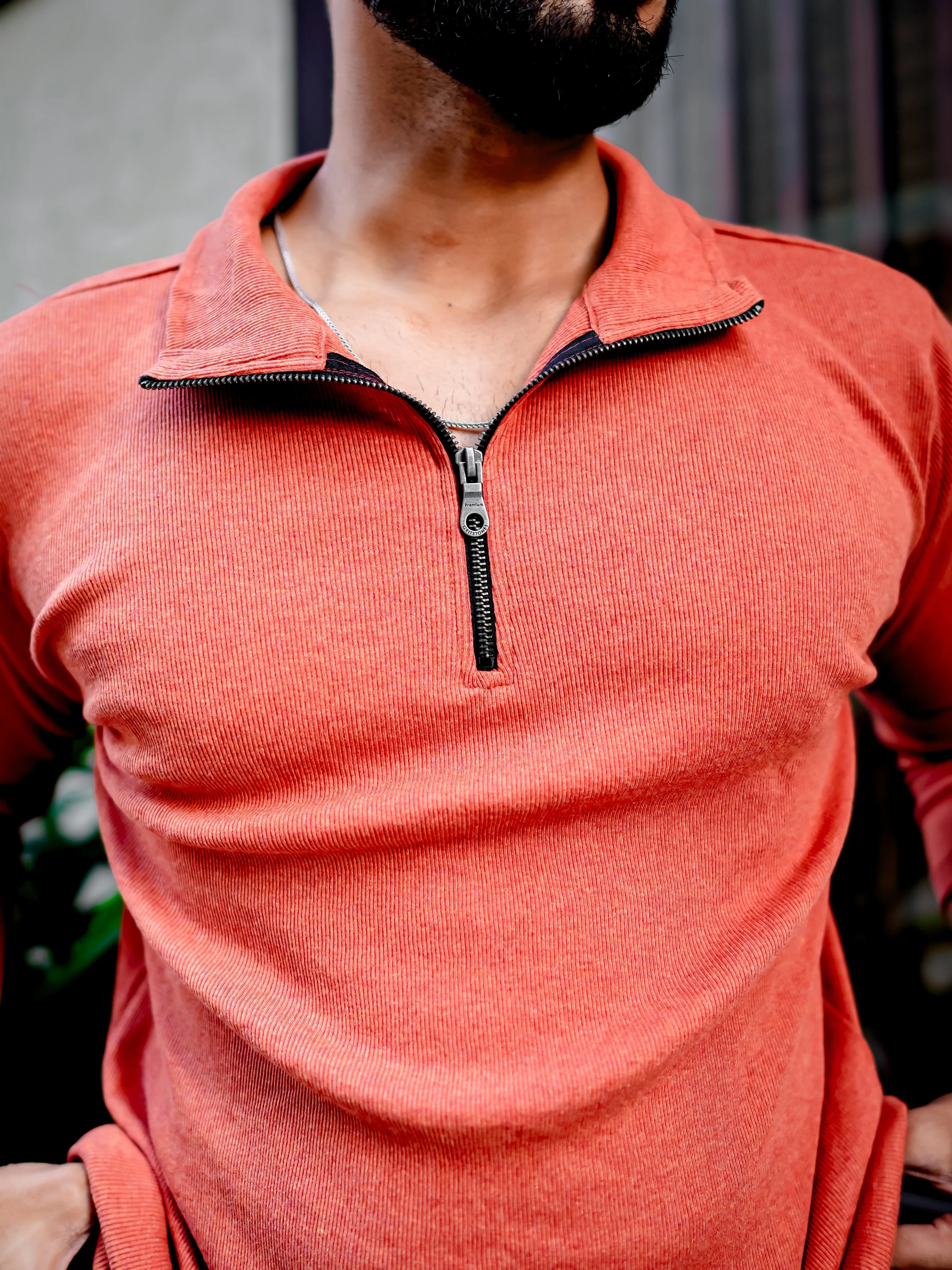 Orange Ribbed Self Design Zipper T-Shirt