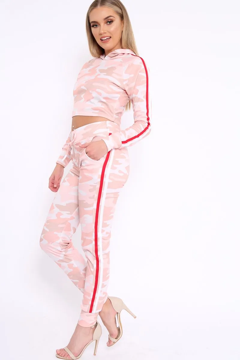 Pink CamoTracksuit with Red and White Side Stripes - Kady