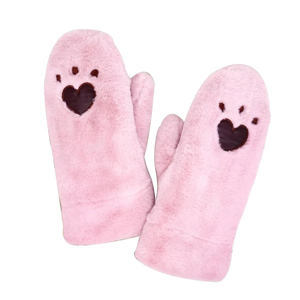 Plush Faux Fur Heart Paw Mittens