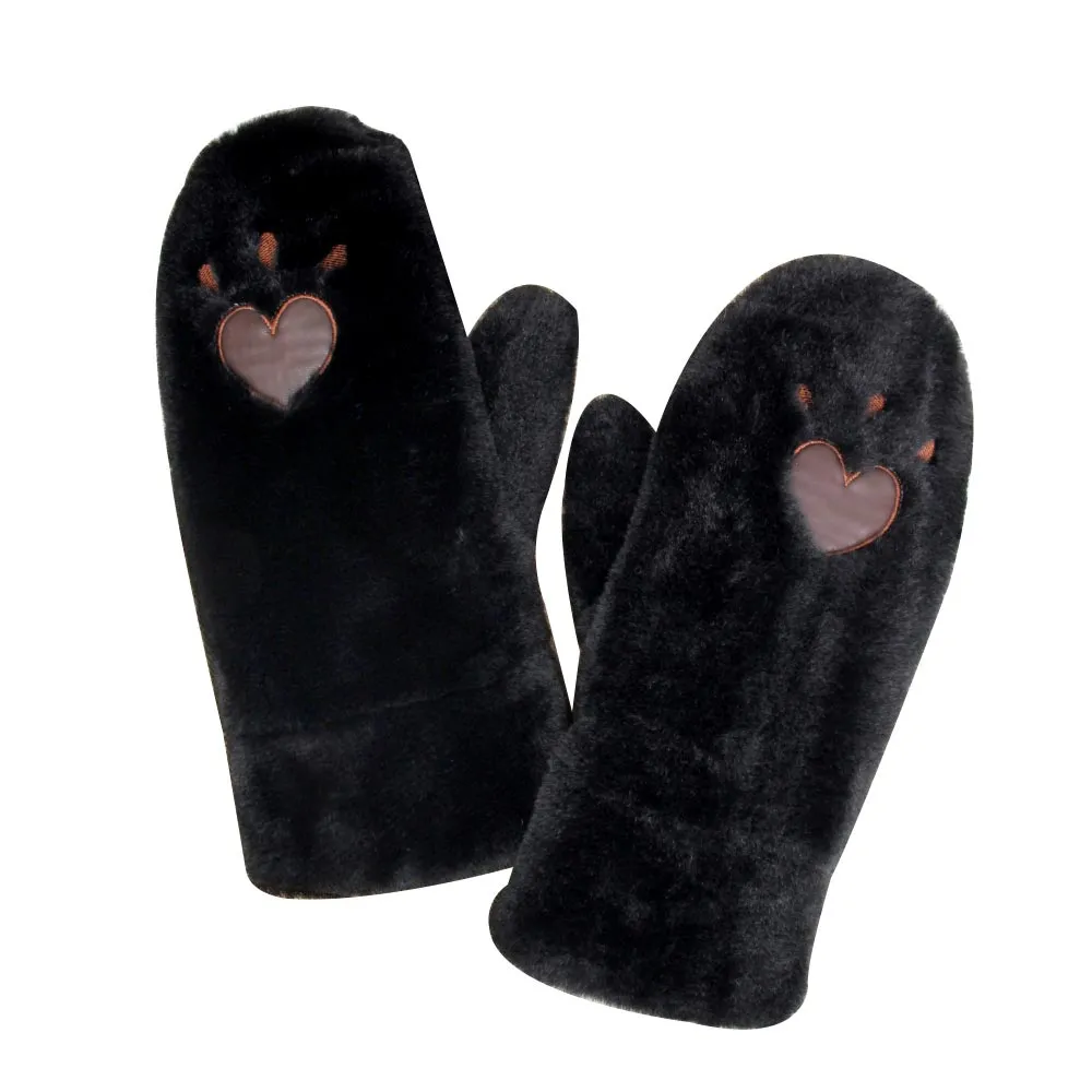 Plush Faux Fur Heart Paw Mittens