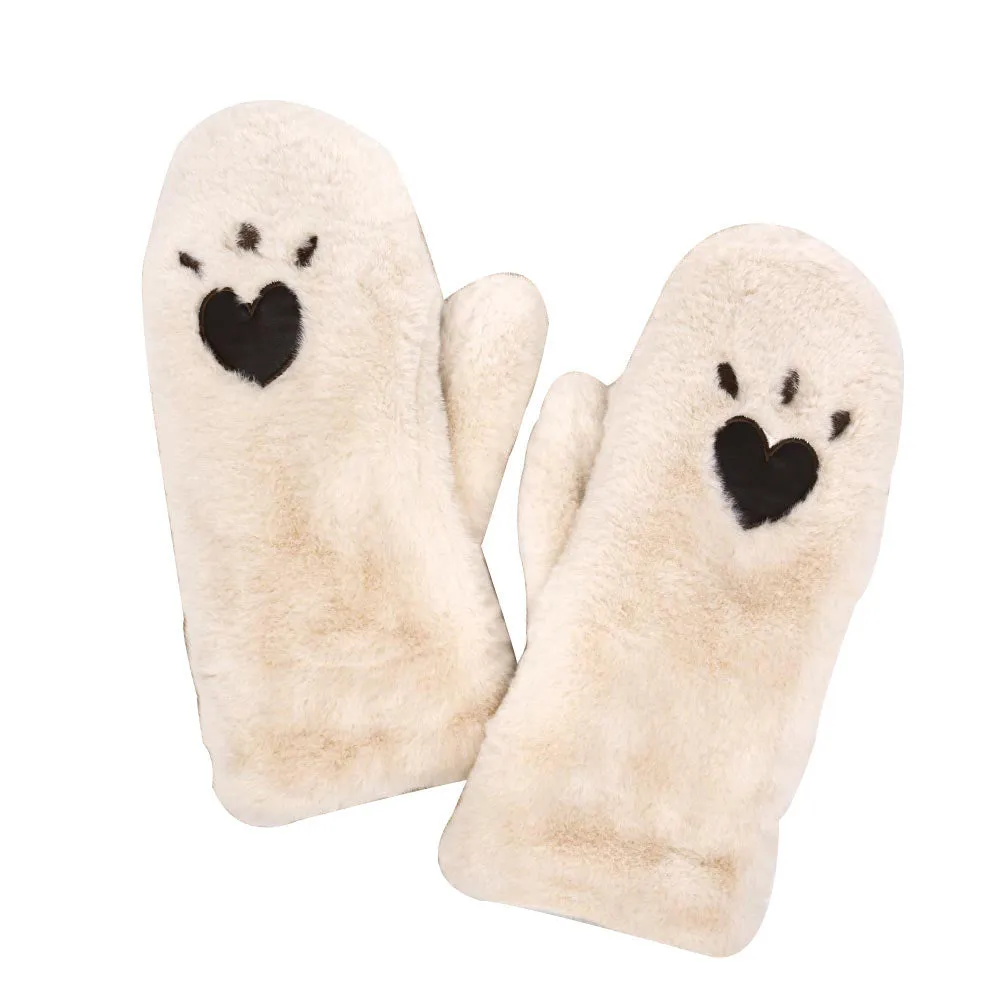 Plush Faux Fur Heart Paw Mittens