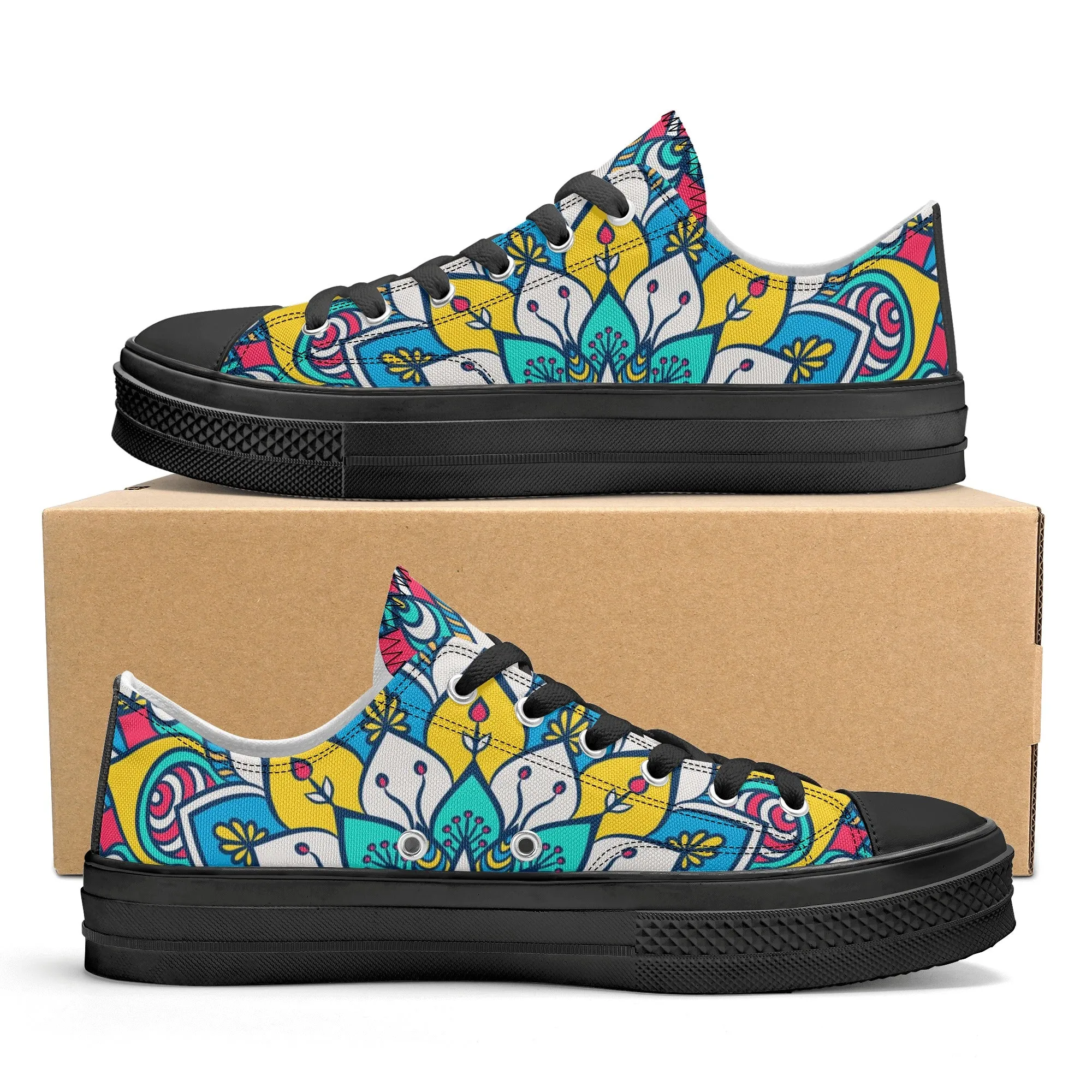 Red, Blue and Yellow Mandala Pattern - Womens Classic Low Top Canvas Shoes for Footwear Lovers