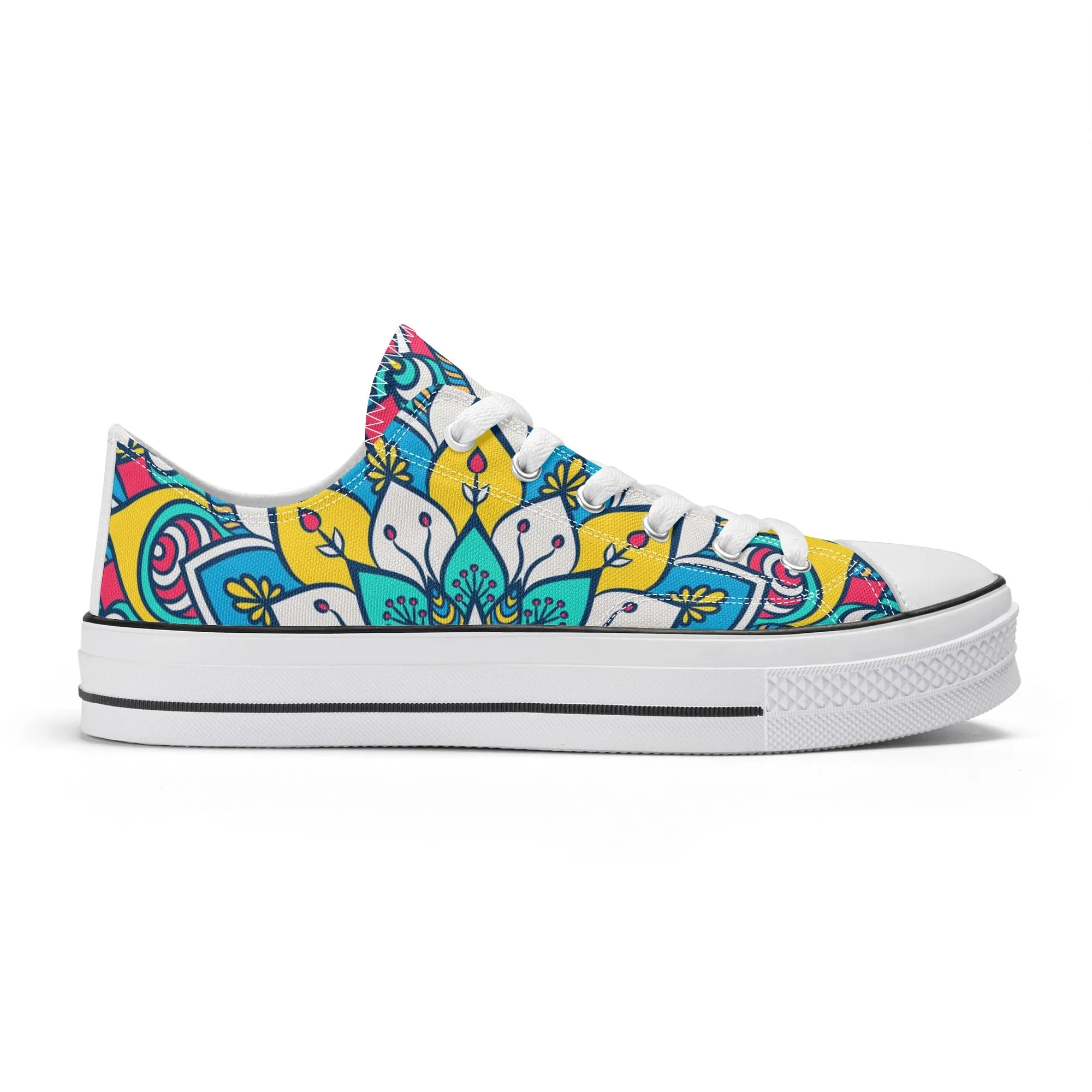 Red, Blue and Yellow Mandala Pattern - Womens Classic Low Top Canvas Shoes for Footwear Lovers