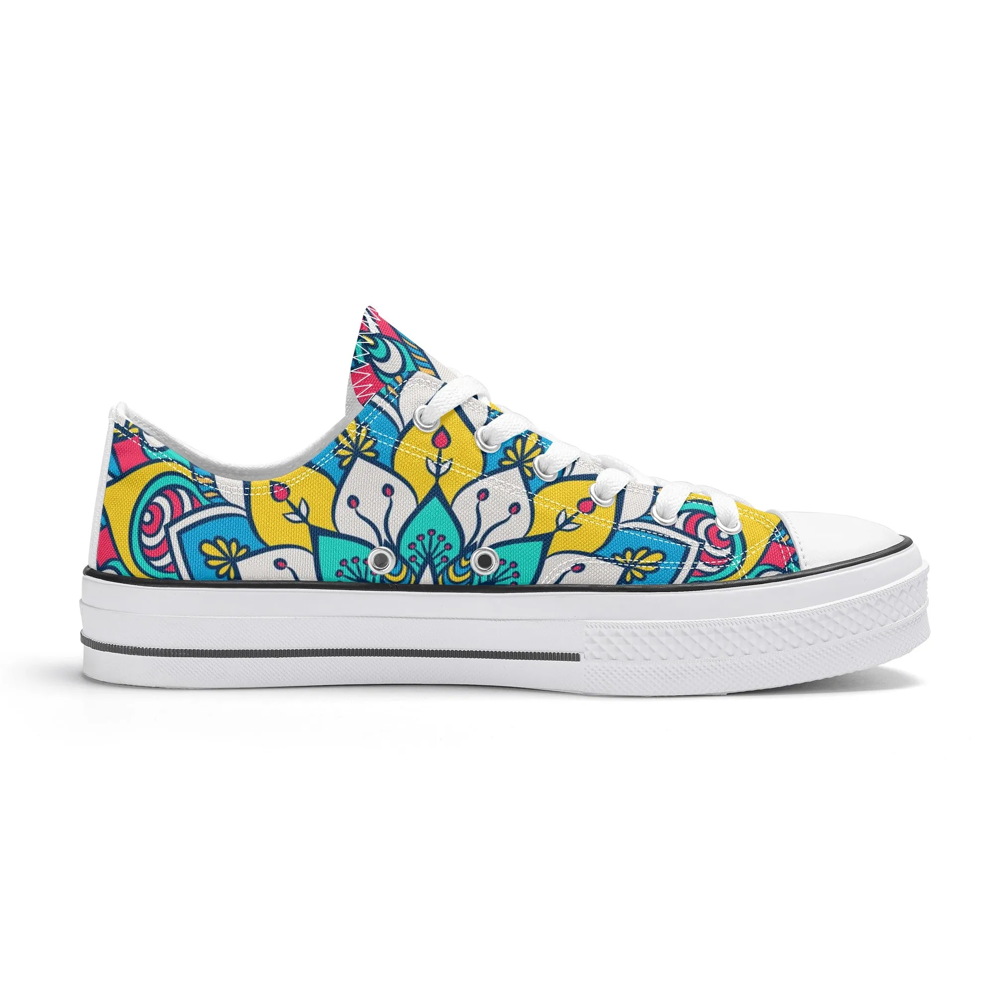 Red, Blue and Yellow Mandala Pattern - Womens Classic Low Top Canvas Shoes for Footwear Lovers