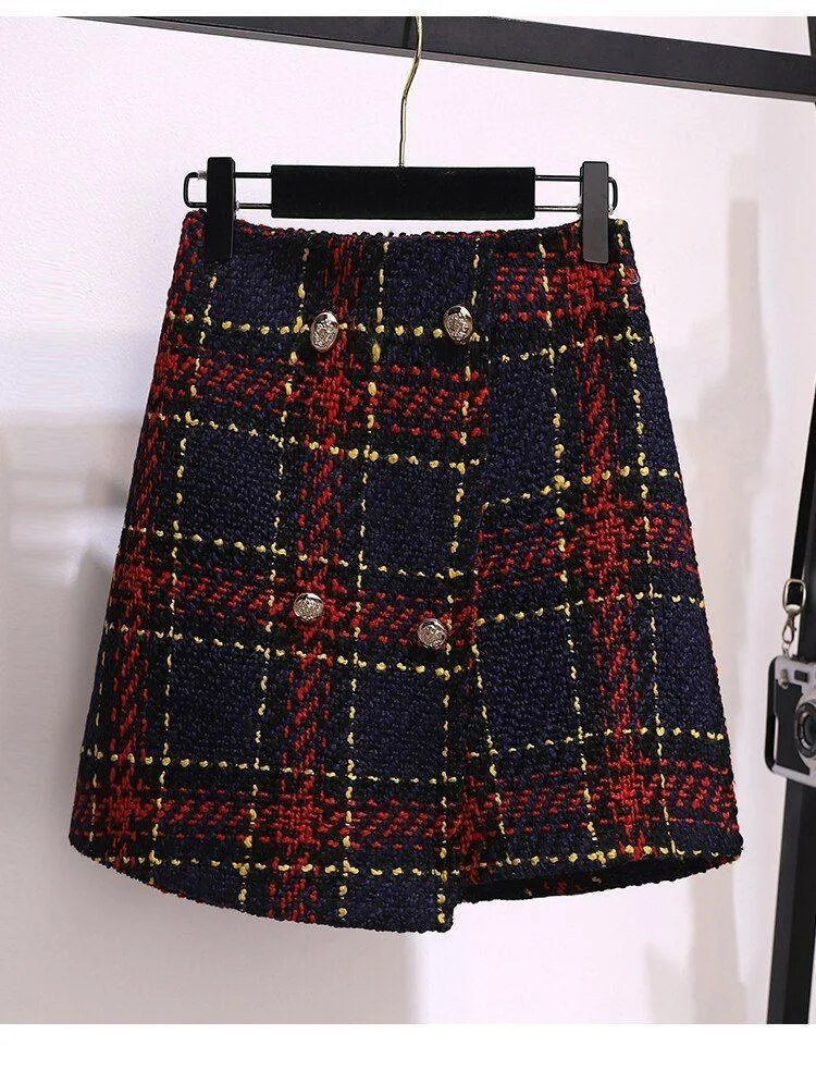 Red Plaid Tweed Skirt Suit