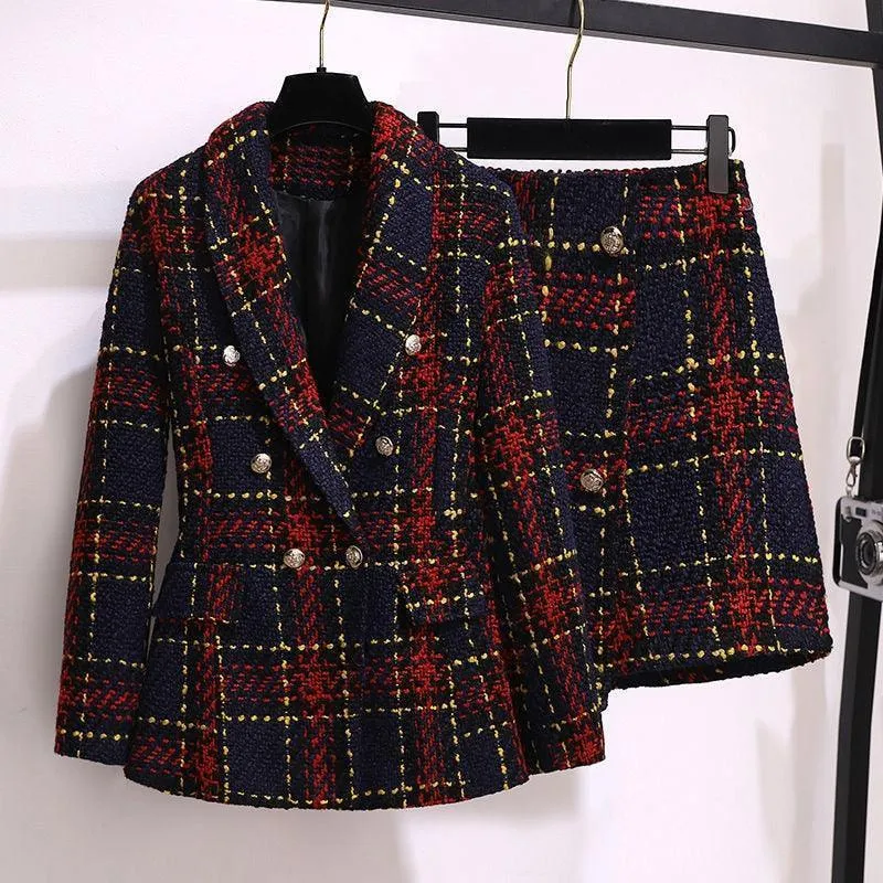 Red Plaid Tweed Skirt Suit