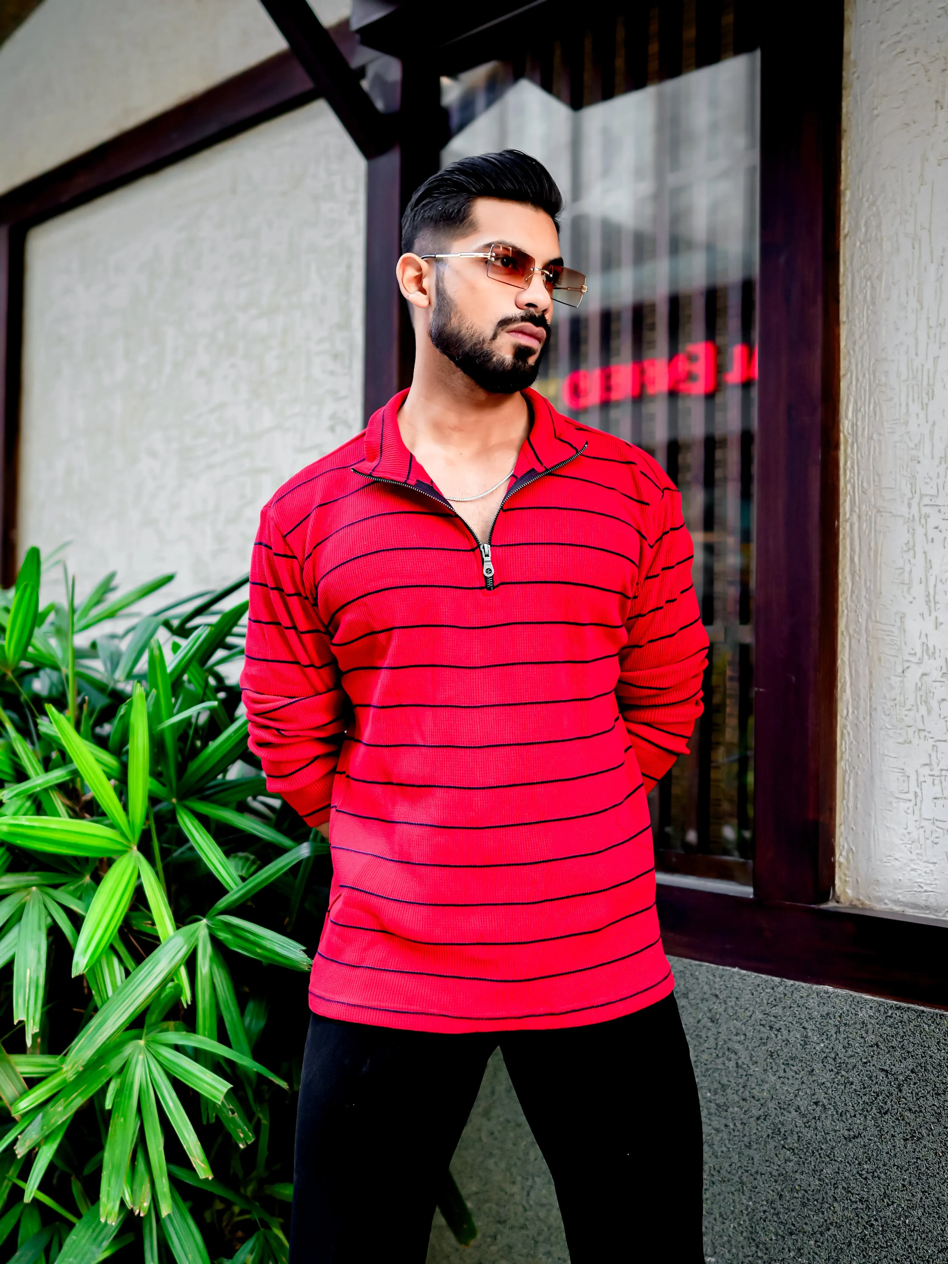 Red Ribbed Zipper T-Shirt