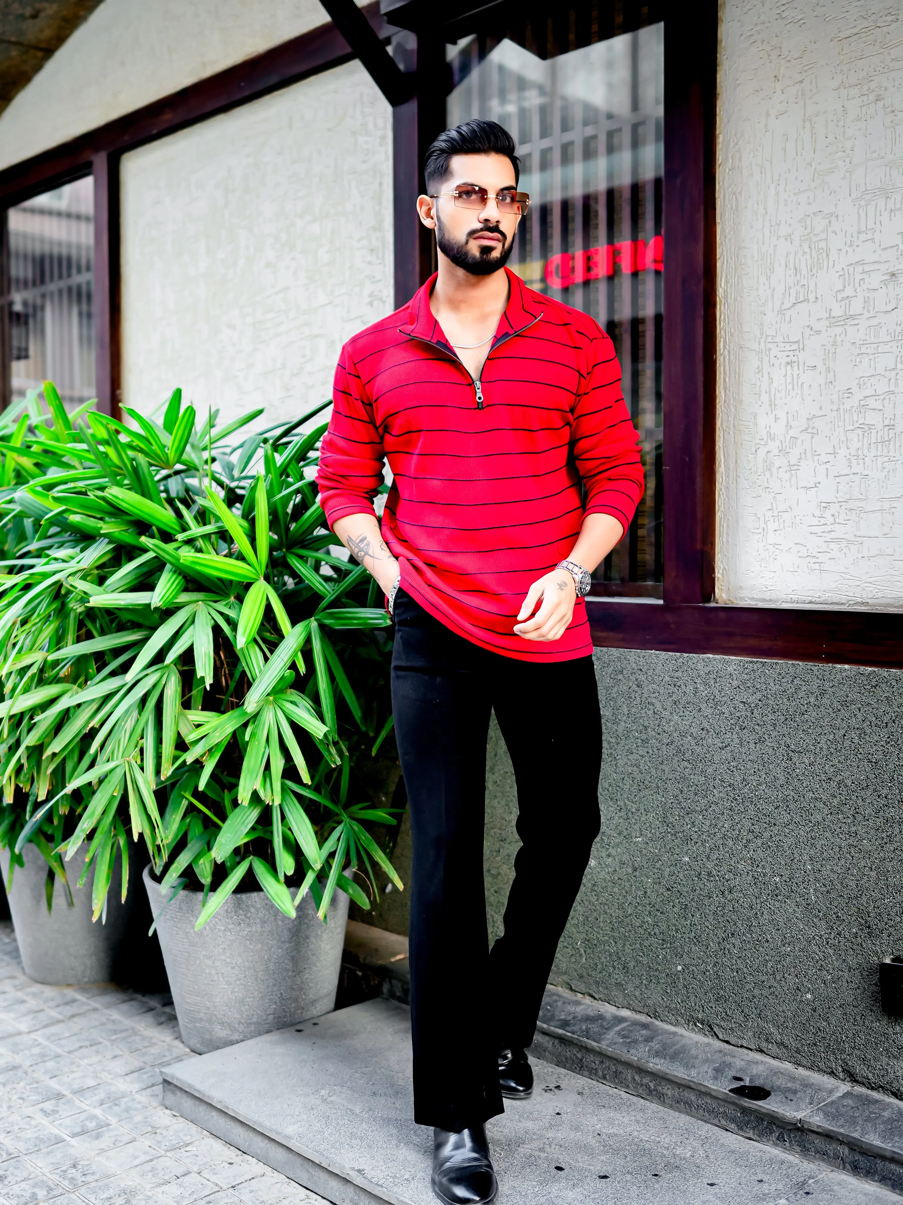 Red Ribbed Zipper T-Shirt