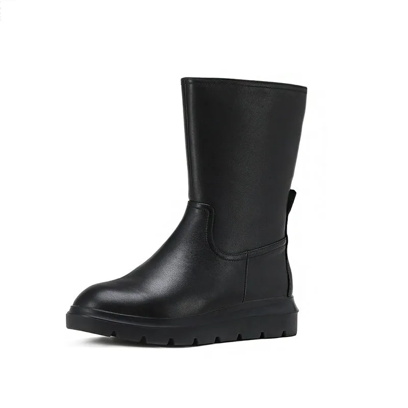 Retro Leather Mid Calf Boots for Cold Winter Classic Boots Black Handmade Short Plush Lining